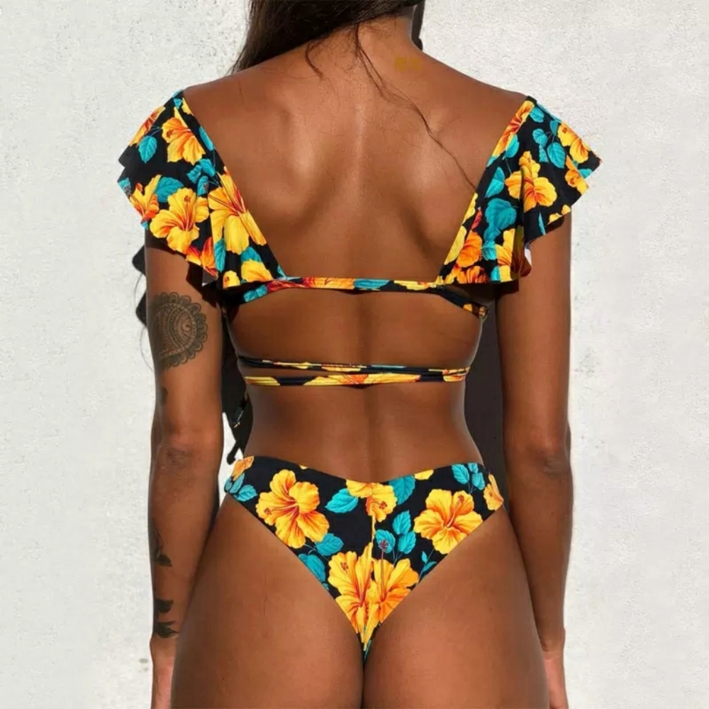 Black Wrap Around Top High Leg Bottom Bikini Set - Picture 2 of 5